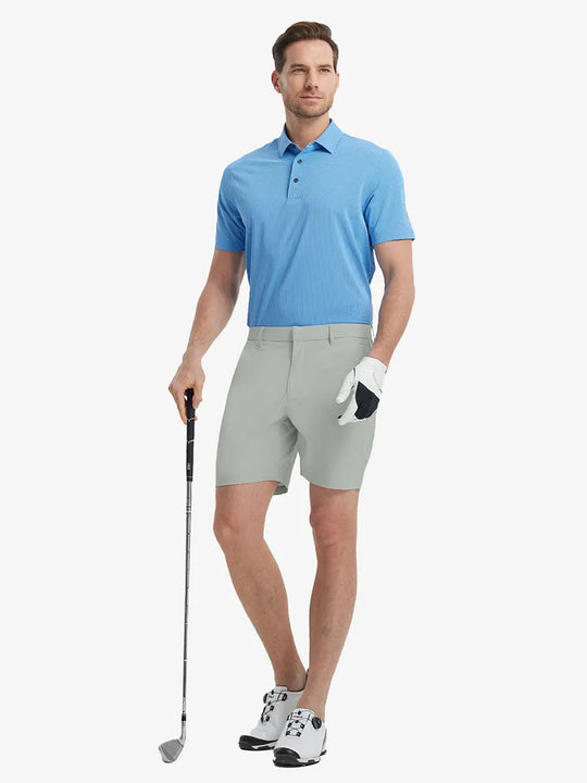 Full-body front shot of model holding golf club, wearing Player Fit Versatile Solid Shorts 7 Inch – NEUTRAL GREY