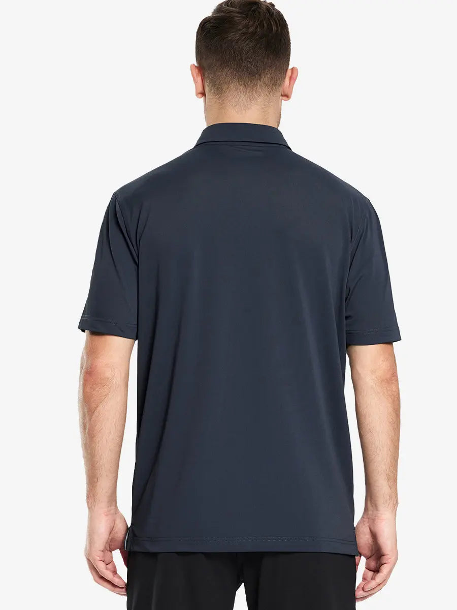 Back view half-body of model in DARK GREY Ventilated Pique Performance Polo