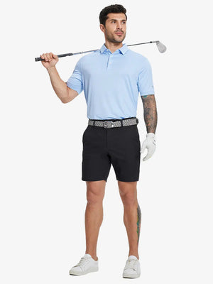 Full-body front view of model holding golf club wearing BLACK Water Resistant Versatile 8 Pockets Shorts.