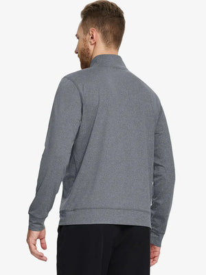 Back half-body view of model in BLACK GREY HEATHER Quarter Zip Melange Pullover highlighting smooth fit.