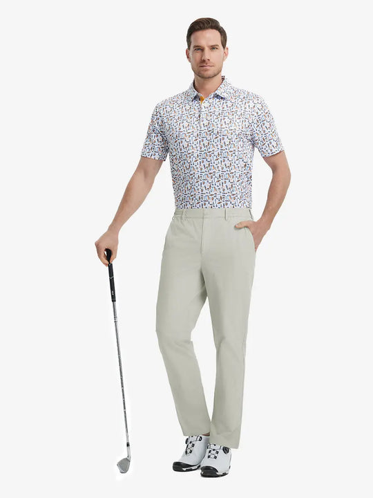 Full front view of model in Performance Water Resistant Pants LIGHT KHAKI，ready for golf with club in hand.