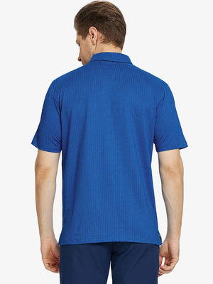 Back half-body view of model wearing COBALT Elegant Performance Jacquard Polo