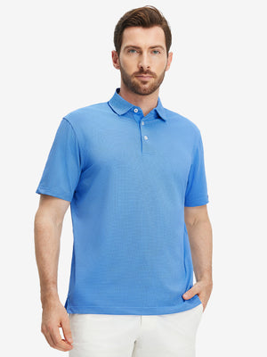 Front half-body view of a model wearing the plum blue feather weight jacquard polo shirts, showing the chest pocket