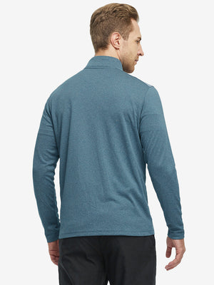 Back waist-up shot of model wearing colony blue melange moisture wicking quarter zip pullover