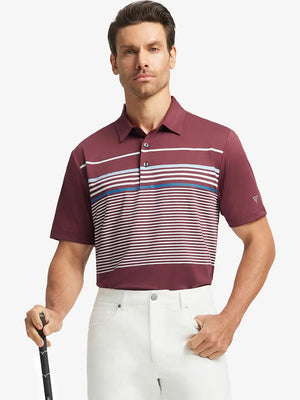 Model holding golf club in BURGUNDY Chest Print Polo Shirts
