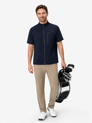 Full body model holding golf equipment, lightweight upf50+ short sleeve golf vests jacket in navy