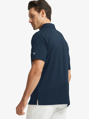 Back half-body view of model in NAVY Stylish Chest Print Snap Polo