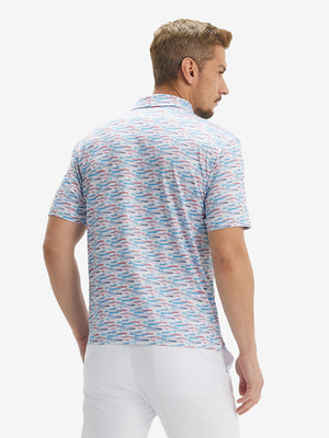 Back waist-up shot of model wearing colorful graffiti performance quick dry print golf polos