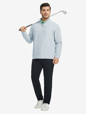 Lightweight casual fleece jacket with 5 pockets, misty grey, full body golf scenes with clubs