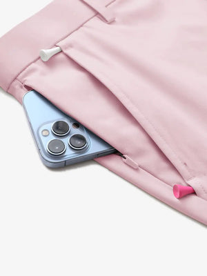Close-up pocket detail with iPhone – Pink 7 Inch shorts by MAELREG