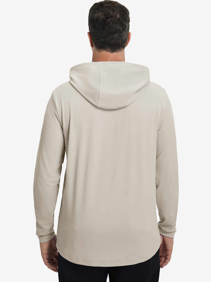 Back upper body view of the dry fit stretchy hoodie in khaki light, simple cut and relaxed posture.