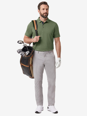 Front full body shot of model exercising in green grey ultra-comfort slim fit roma knit polo shirts
