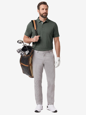Front full body shot of model exercising in grey ultra-comfort slim fit roma knit polo shirts
