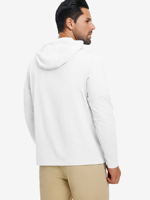 Back upper view of model wearing casual solid fleece hoodies pullover in white, showing smooth seams.