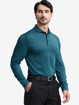 Model front upper body wearing Long sleeve pinstripe jersey polo in sleek turquoise stripe