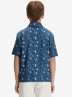 Back half-body of boy in space rocket performance print boys golf polo
