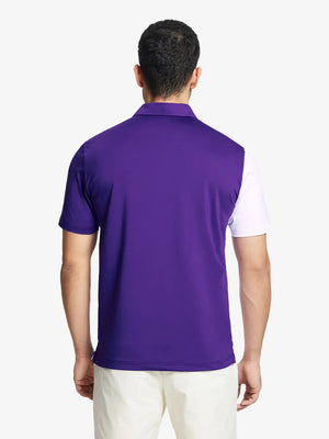 Back half-body view of model in PURPLE Moisture Wicking Color Block Polo Shirt.