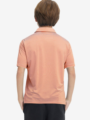 Back upper body of Kids stripe golf polos with clean lines and orange stripe tone