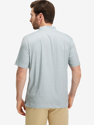 Back half-body of model in gray geometric stretch printed collarless henley golf shirts
