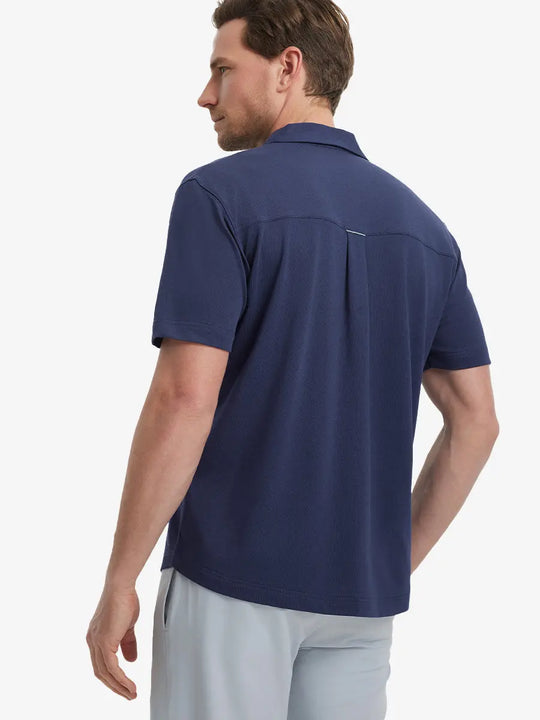 Model half-body back view wearing NAVY Cotton Blend Plain Shirt.