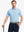 Model in MISTY BLUE STRIPE Golf Polo holding club — dynamic front half-body pose