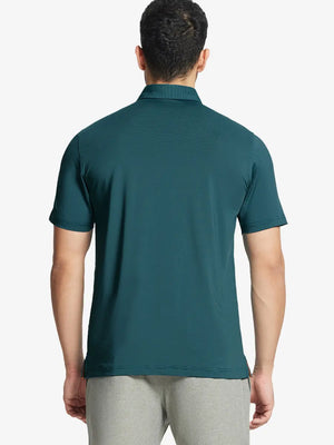 Back half-body view of TURQUOISE STRIPE Pinstripe Jersey Performance Polo worn by model								
