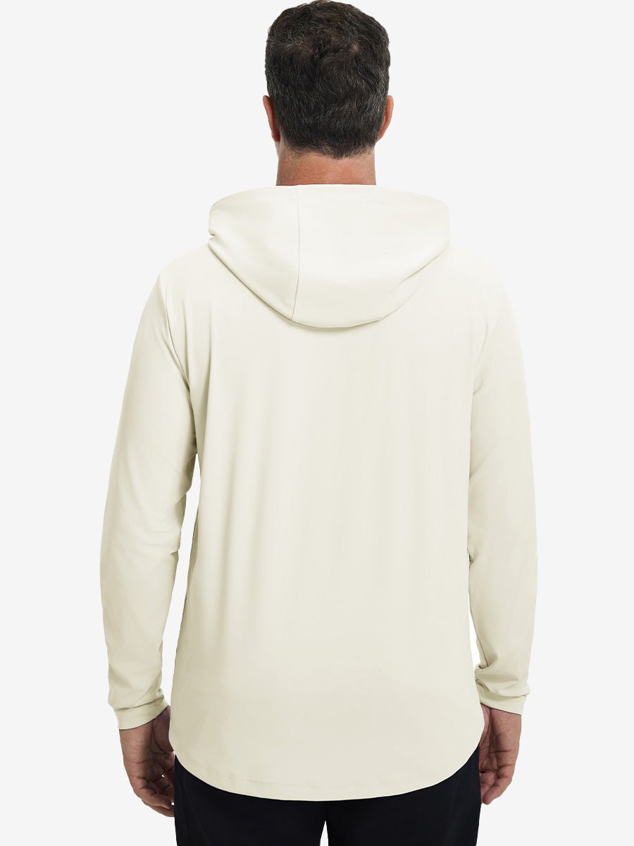 Back upper body view of the dry fit stretchy hoodie in cream, simple cut and relaxed posture.