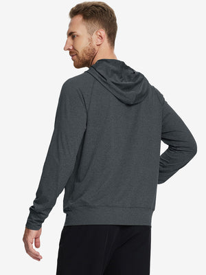 Back angle of the Dark Grey Heather Quarter Zip Hoodie, model turns head slightly for a relaxed look.