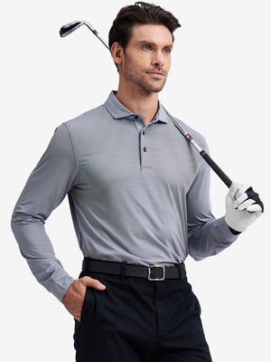 Model front upper body wearing Long sleeve pinstripe jersey polo in sleek navy stripe