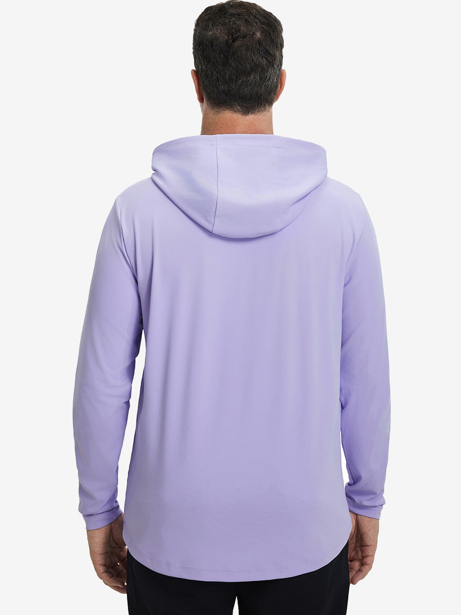 Back upper body view of the dry fit stretchy hoodie in lavender, simple cut and relaxed posture.
