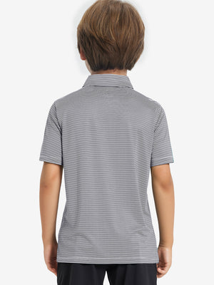 Back half-body view of youth wearing navy stripe performance cooling polo, showing rear design