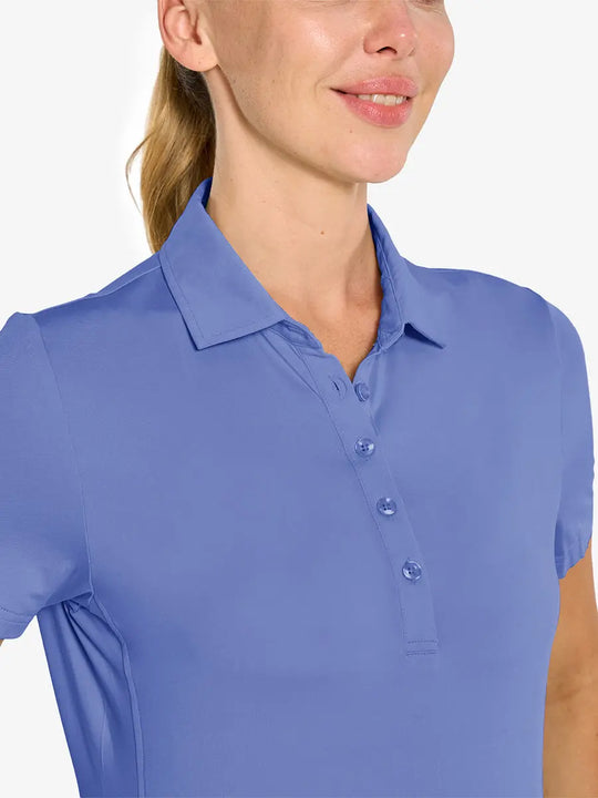 Close-up front view from nose to chest in HAZE BLUE Women's Performance Solid Polo
