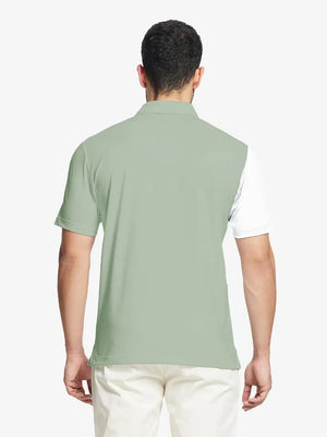 Back half-body view of model in CANARY GREEN Moisture Wicking Color Block Polo Shirt.