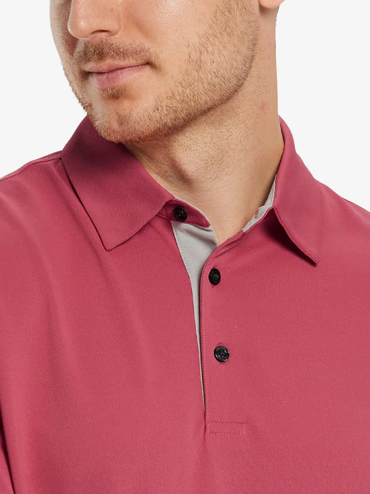 Model front close-up from nose to chest wearing BRICK Ventilated Pique Performance Polo