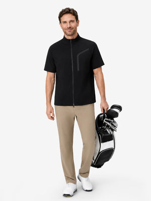 Full body model holding golf equipment, lightweight upf50+ short sleeve golf vests jacket in black