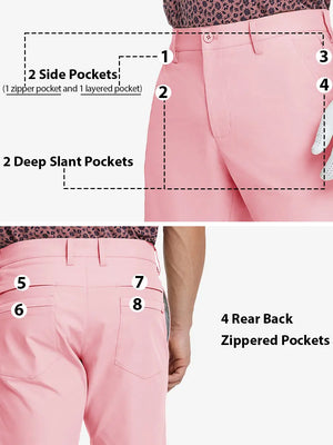 Detail view highlighting all 8 pockets front and back on PINK Water Resistant Versatile 8 Pockets Shorts.
