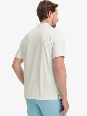 Back half-body view wearing Everyday Collarless Jersey Shirt in CREAM.