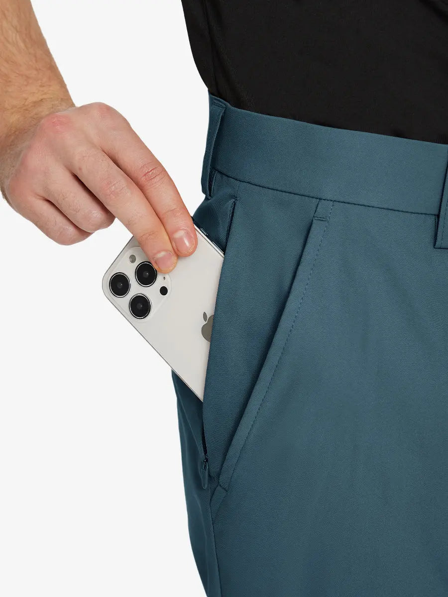 DARK TEAL Water Resistant Everyday Pants detail shot of iPhone in side pocket