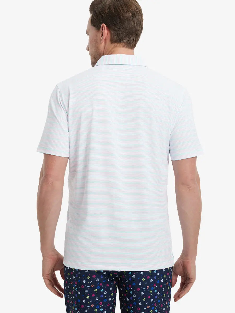 Back view of model in Light Pink Aqua Blue Stripe Performance Stripe Golf Shirt