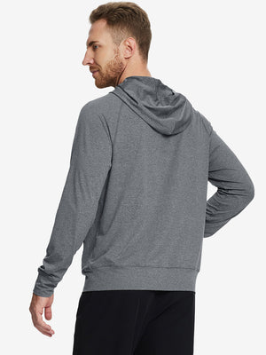 Back angle of the Black Grey Heather Quarter Zip Hoodie, model turns head slightly for a relaxed look.