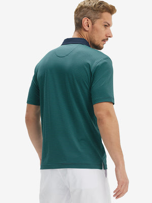 Back half-body of model in turquoise stripe upgraded two-tone striped quick dry polo shirt