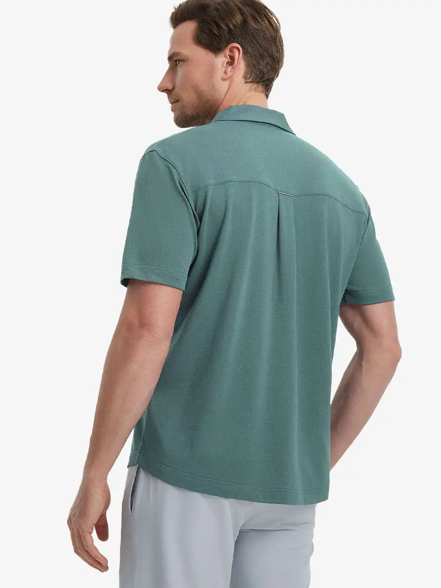 Model half-body back view wearing SEA MOSS Cotton Blend Plain Shirt.
