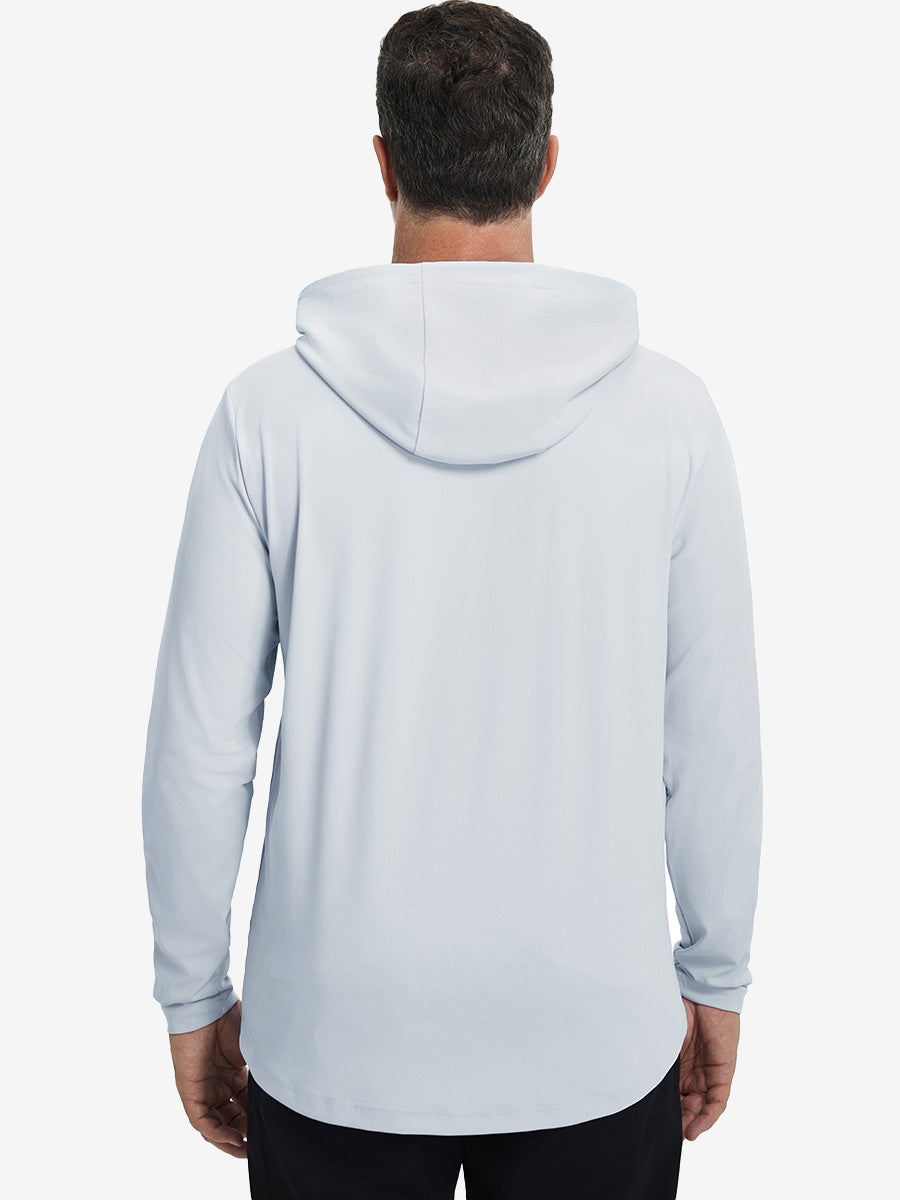 Back upper body view of the dry fit stretchy hoodie in misty grey, simple cut and relaxed posture.