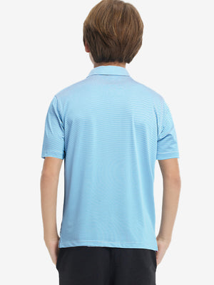 Back half-body view of youth wearing sky blue stripe performance cooling polo, showing rear design