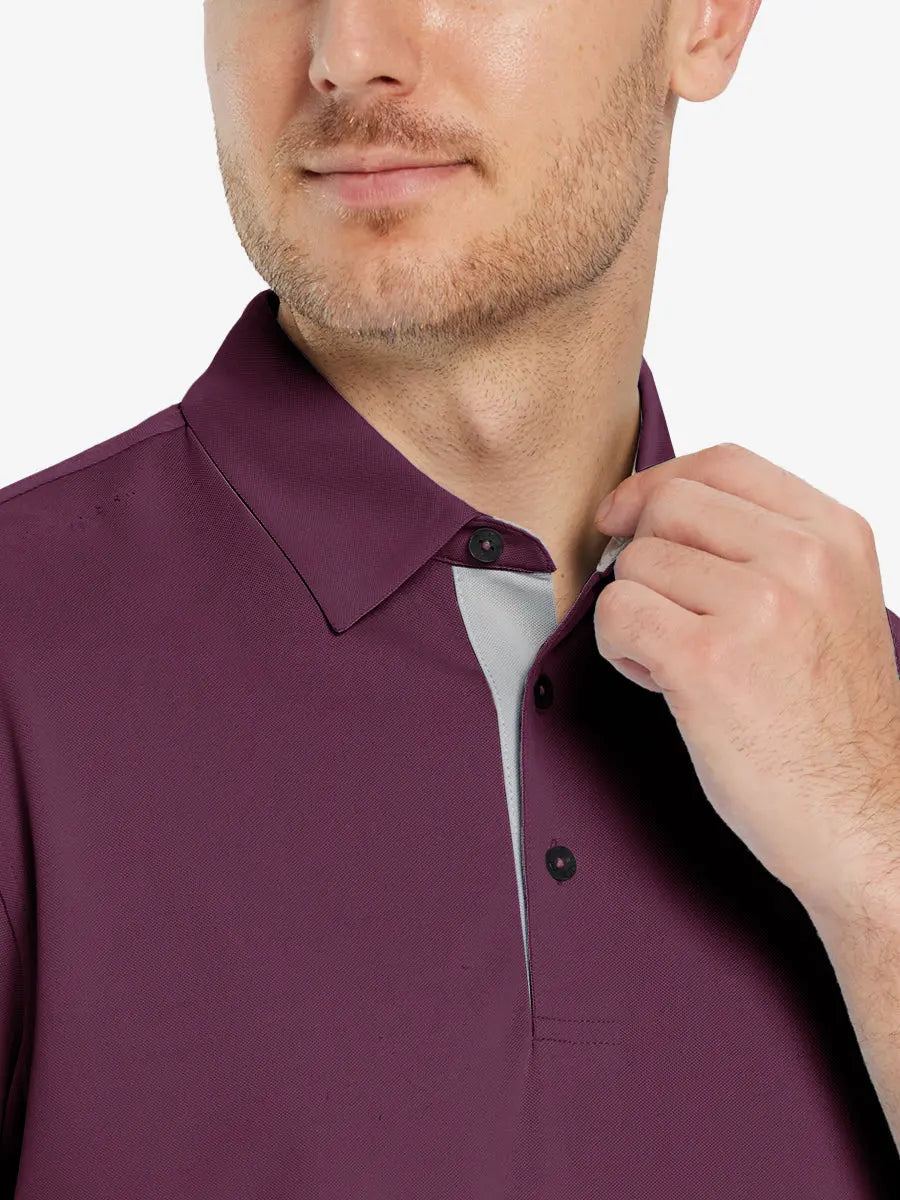 Model front close-up from nose to chest wearing BORDEAUX RED Ventilated Pique Performance Polo
