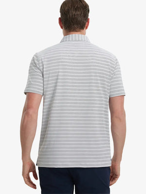 Back view of model wearing Dark Grey Neutral Grey Performance Stripe Golf Shirt