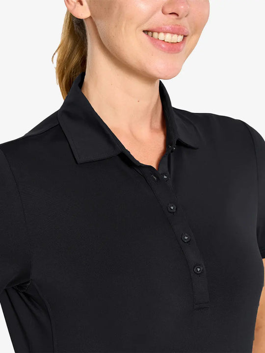 Close-up front view from nose to chest in BLACK Women's Performance Solid Polo