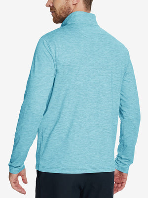 Back view of Heather Pinstripe Brushed Dry Fit Quarter Zip Pullover in aquarius heather, showing clean athletic fit