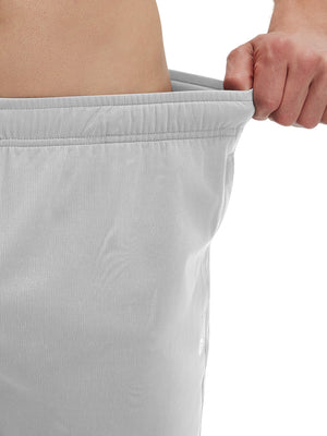 Detail view showing waist stretch on khaki grey breathable running shorts with 4 zipper pockets