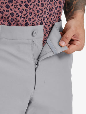 Close-up of waistband button and interior logo on LIGHT GREY Water Resistant Versatile 8 Pockets Shorts.